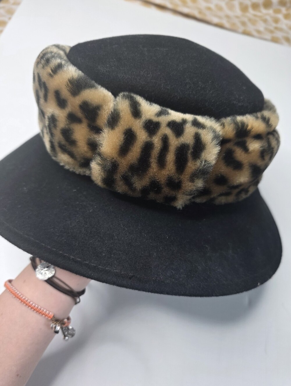 Kathy Jeanne Black Wool Hat Faux Fur Leopard Accent Made In USA